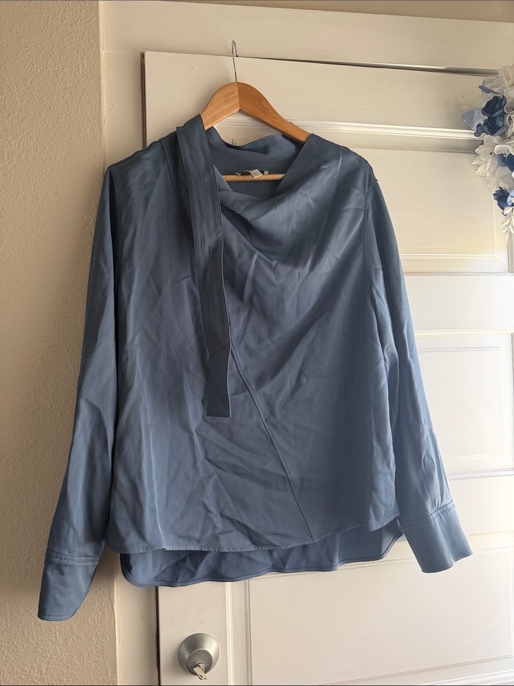 Blue Long-Sleeve Tie-Neck Shirt